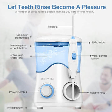 TUREWELL Water Dental Flosser for Teeth/Braces with 8 Water Jet Tips, 10 Pressure Levels, 600ML Electric Water Dental Oral Irrigator - Imported from UK